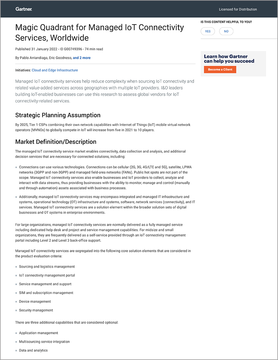 Magic Quadrant Managed IoT Connectivity Services, Worldwide - January 2022