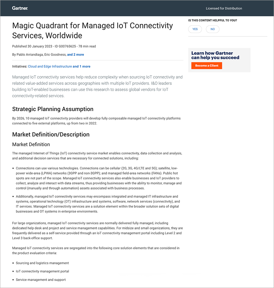 Magic Quadrant for Managed IoT Connectivity Services, Worldwide